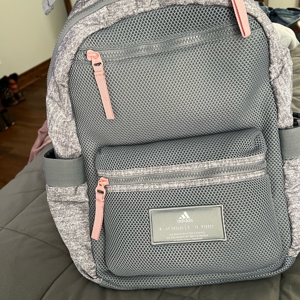 Adidas Heather Gray Backpack with Pink Zippers